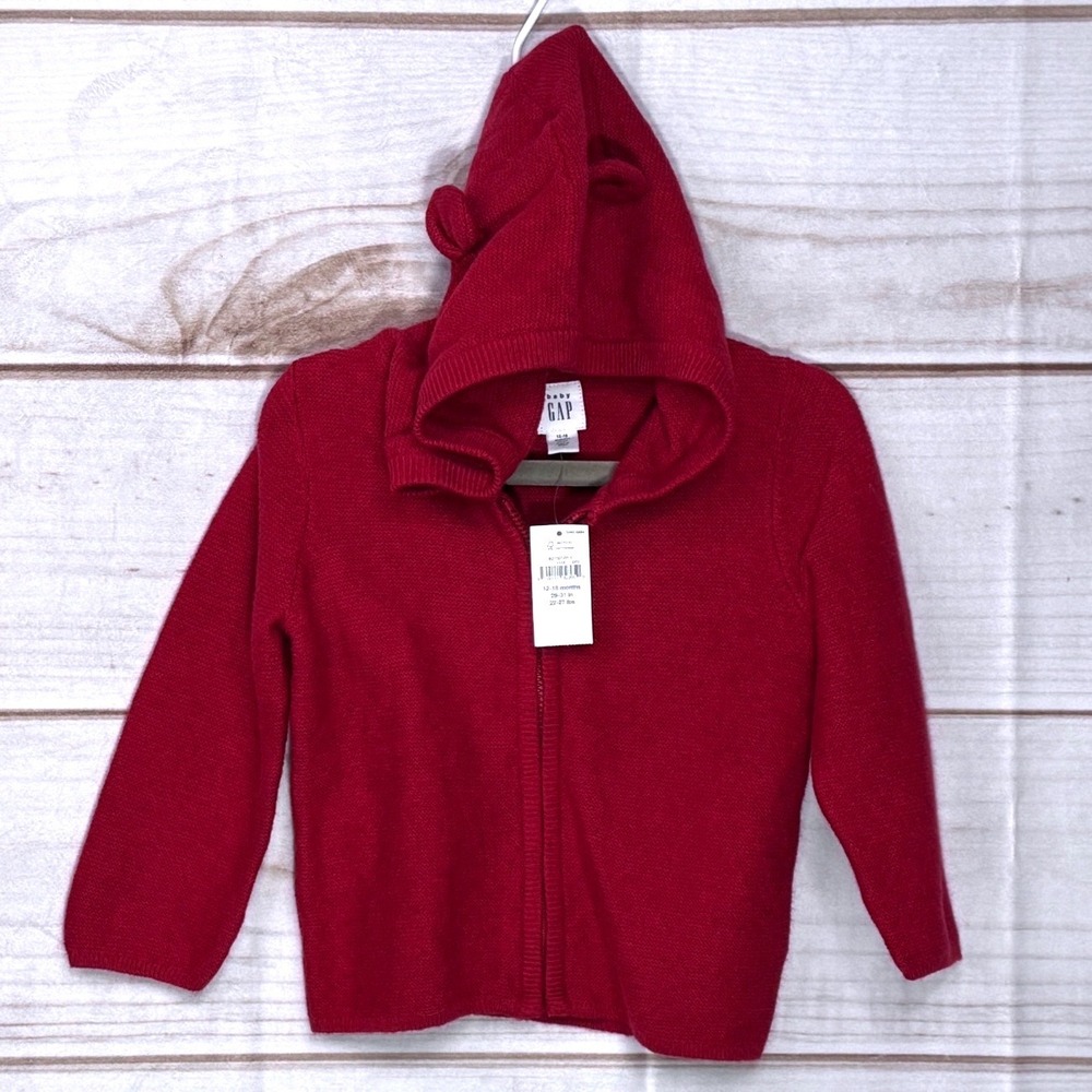 NWT Baby GAP Red Knit Bear Ear Full Zip Hoodie Sweater 12-18 Months